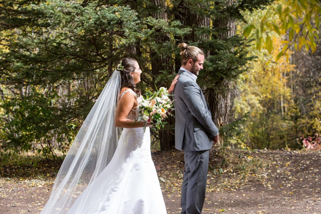 Telluride town park wedding first look