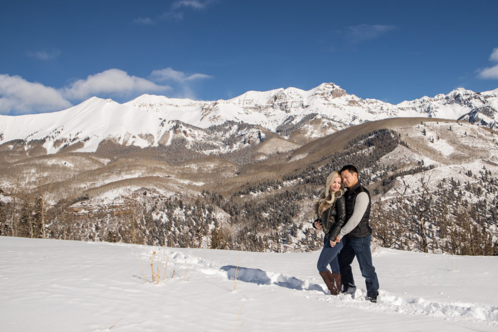 snowy Telluride engagement photos in Mountain Village