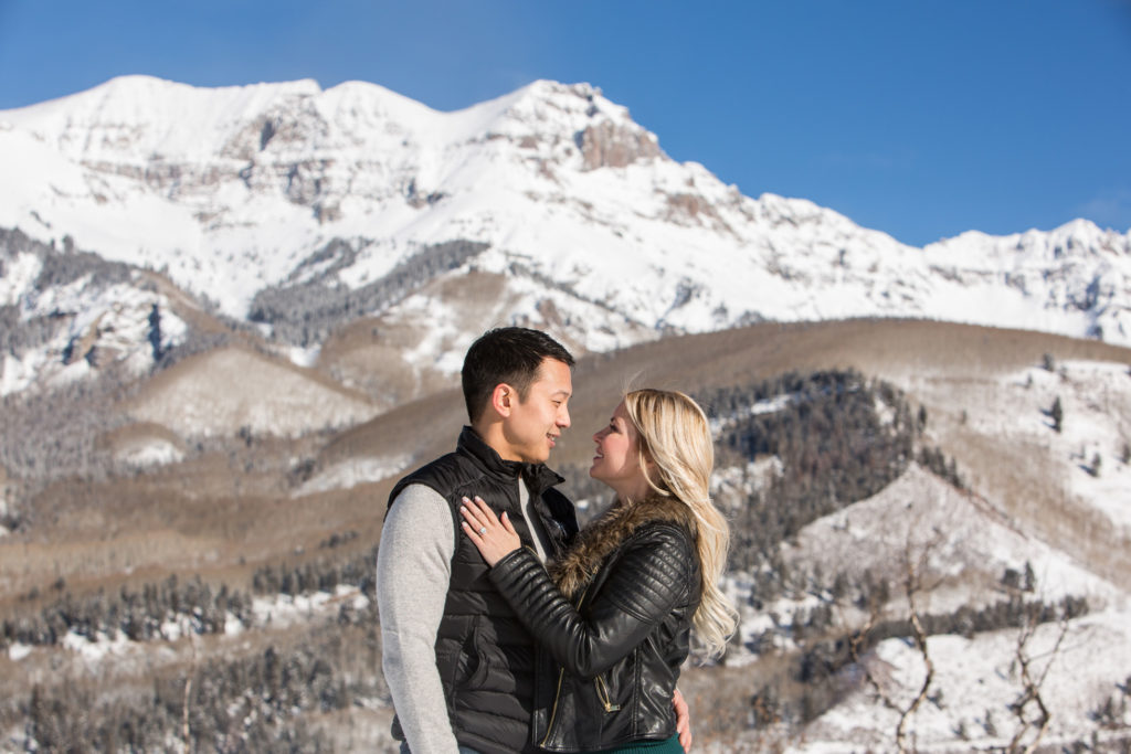 Snowy winter peaks in Telluride Colorado as a backdrop for a Telluride Engagement session