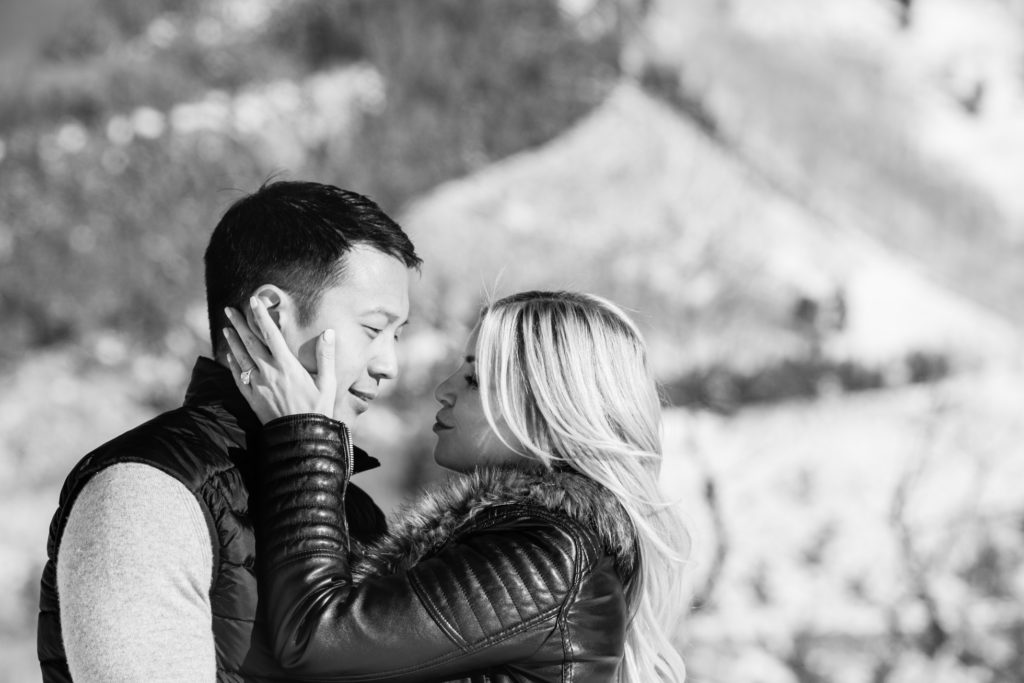 Black and White snowy Telluride engagement photos in Mountain Village