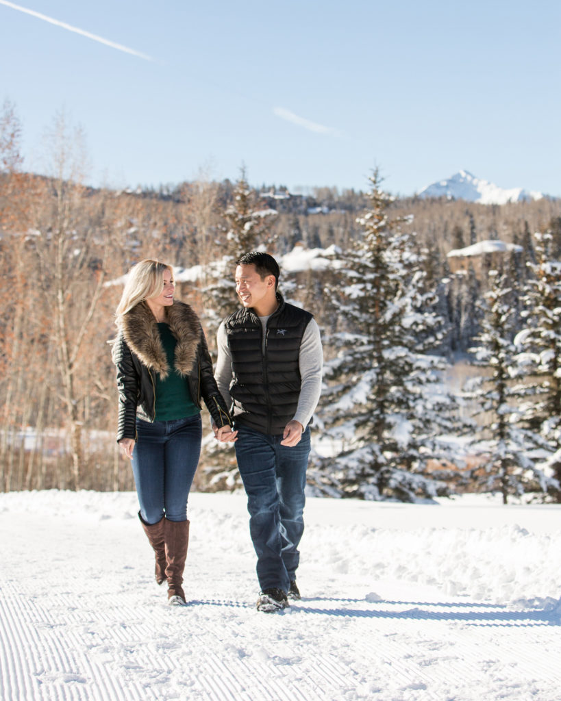 snowy Telluride engagement photos in Mountain Village