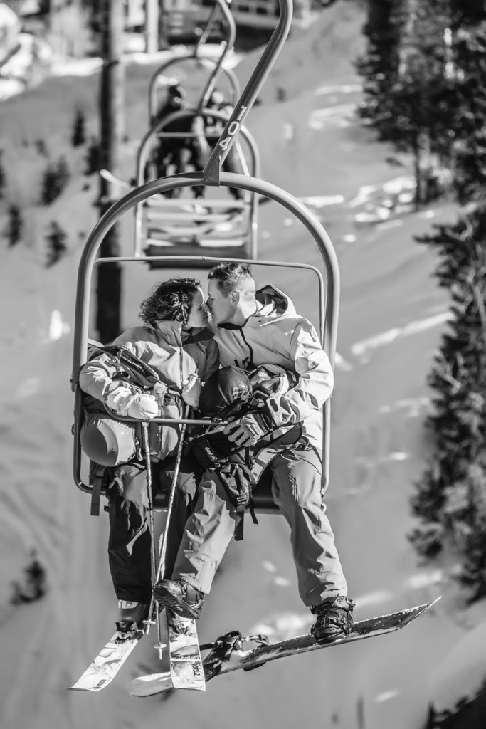 Ski Area Elopement, couple on chairlift.  