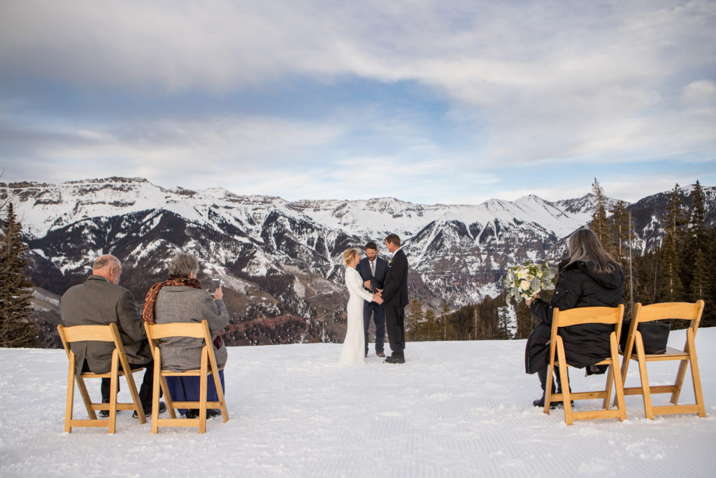 Elopement ceremony at San Sophia Overlook in the spring on the Telluride Ski area.