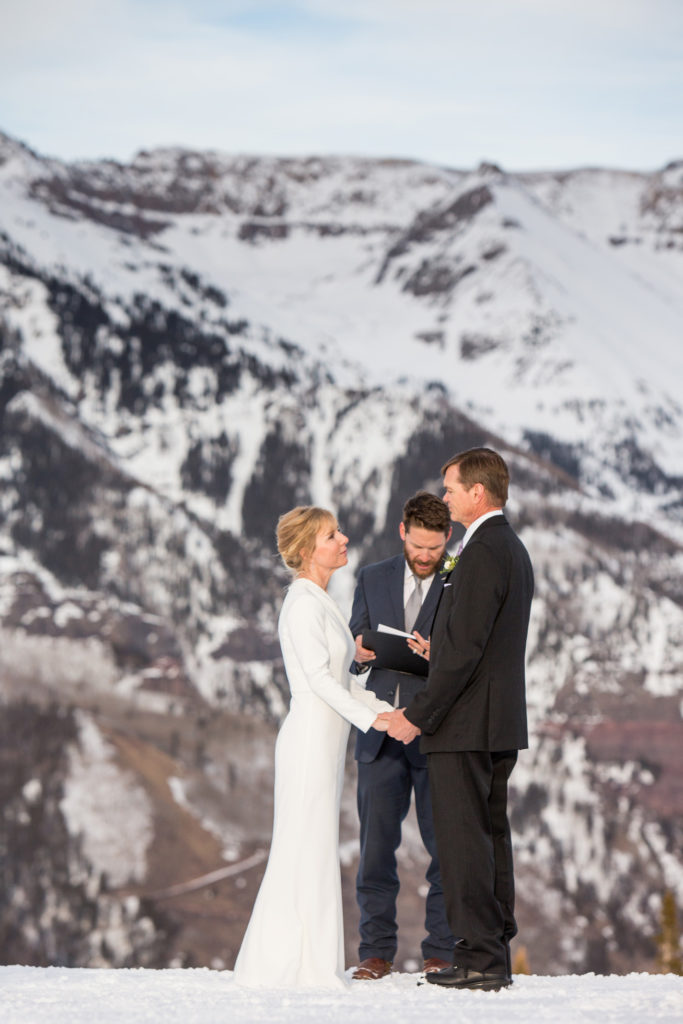 Elopement ceremony at San Sophia Overlook in the spring on the Telluride Ski area.