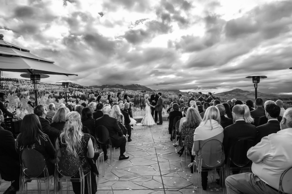 Black and white image on the Altezza deck at the Peaks hotel during a Telluride wedding